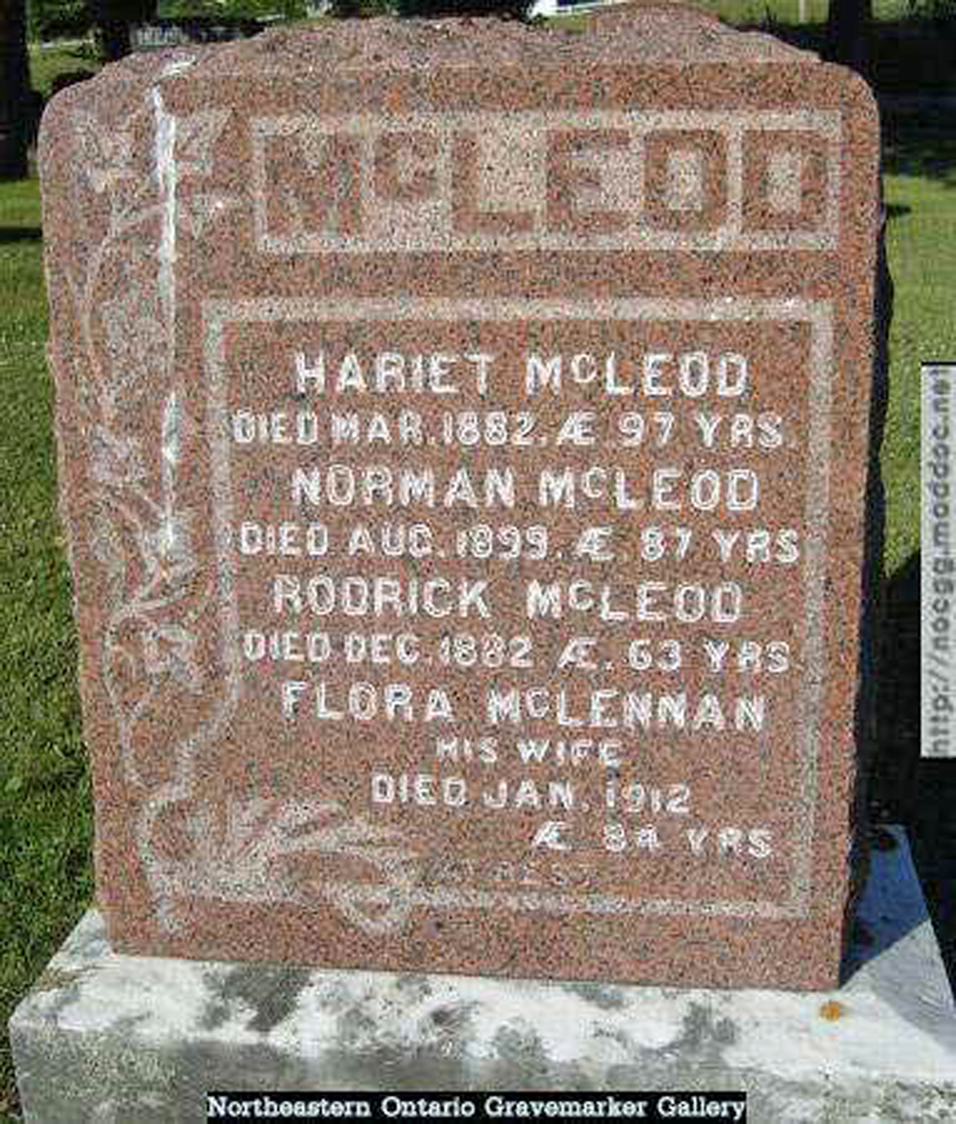Photo of headstones/Flora McLennan died 1912 MI Douglas Cemetery, Ontario